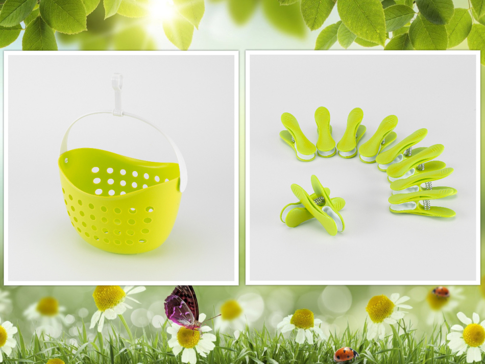 26/15.hét - Tavaszi virágzás - Teregető szett (1 zöld csipesztartó kosár + 10 db zöld csipesz)